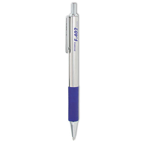 Zebra F-402 Ballpoint Pen, Retractable, Fine 0.7 mm, Blue Ink, Stainless Steel/Blue Barrel